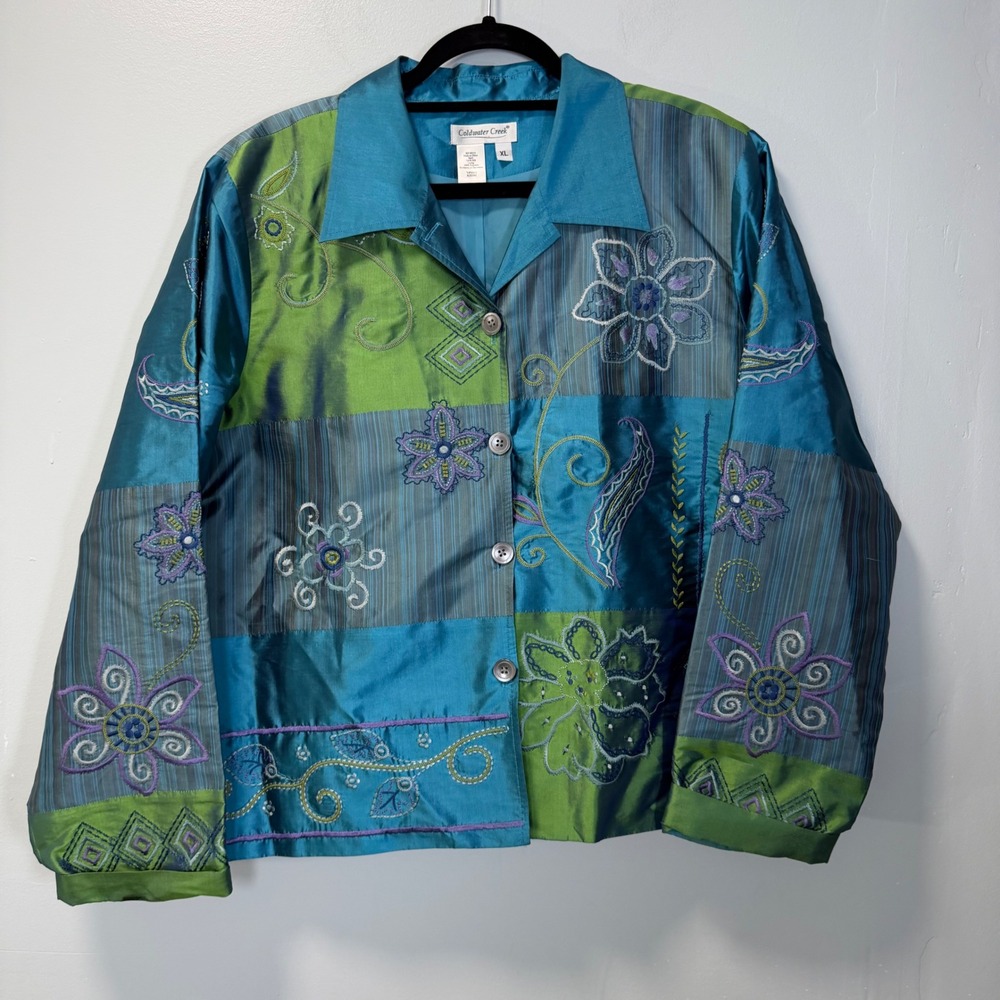 Coldwater Creek Silk Embroidered Patchwork Jacket Teal Green XL